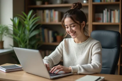 Jeune femme en bureau à domicile avec ordinateur portable