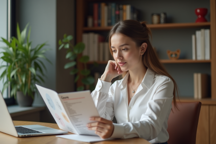 Jeune femme en bureau moderne lisant une brochure