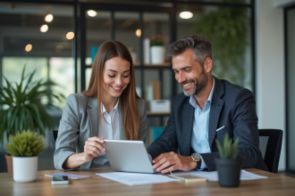 Jeune femme en tenue professionnelle collaborant avec un collègue au bureau