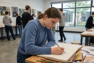 Jeune femme concentr&eacute;e dessinant dans un cahier en classe