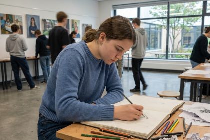 Jeune femme concentrée dessinant dans un cahier en classe