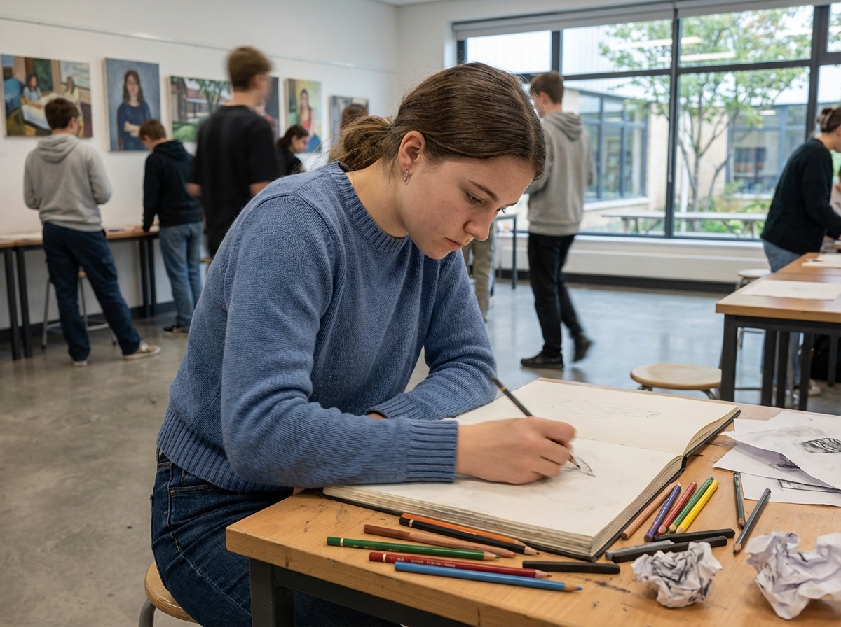 Jeune femme concentrée dessinant dans un cahier en classe