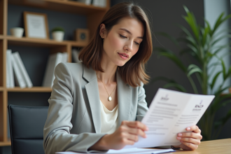 Jeune femme examine un diplôme RNCP dans un bureau universitaire