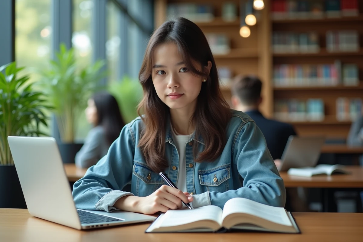 Jeune femme étudiante concentrée à la bibliothèque universitaire