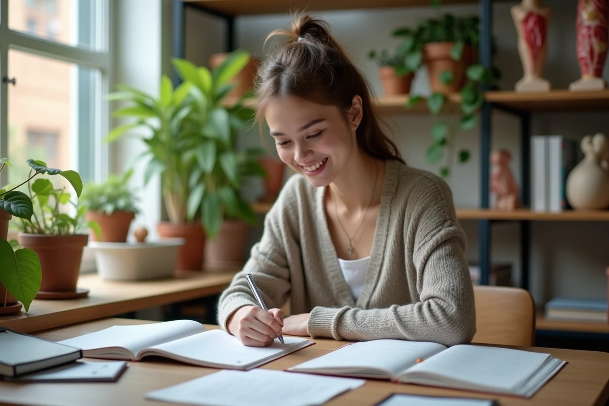 Jeune femme souriante en étude médicale dans une pièce lumineuse