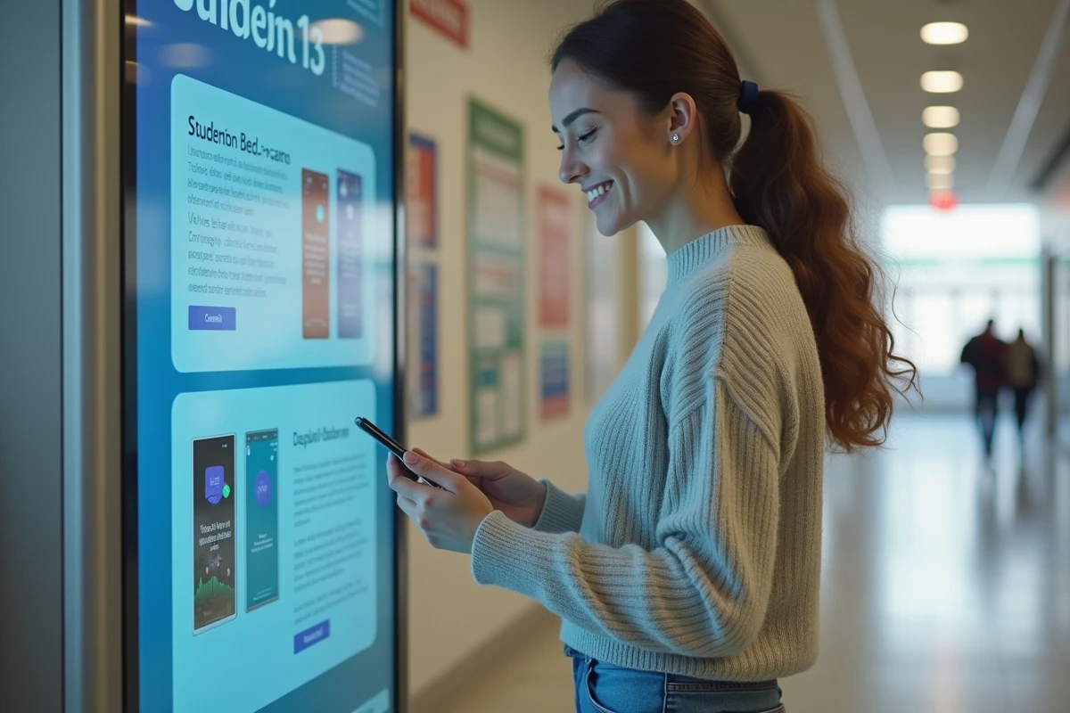 Jeune femme souriante utilisant un kiosque num&eacute;rique dans un couloir universitaire