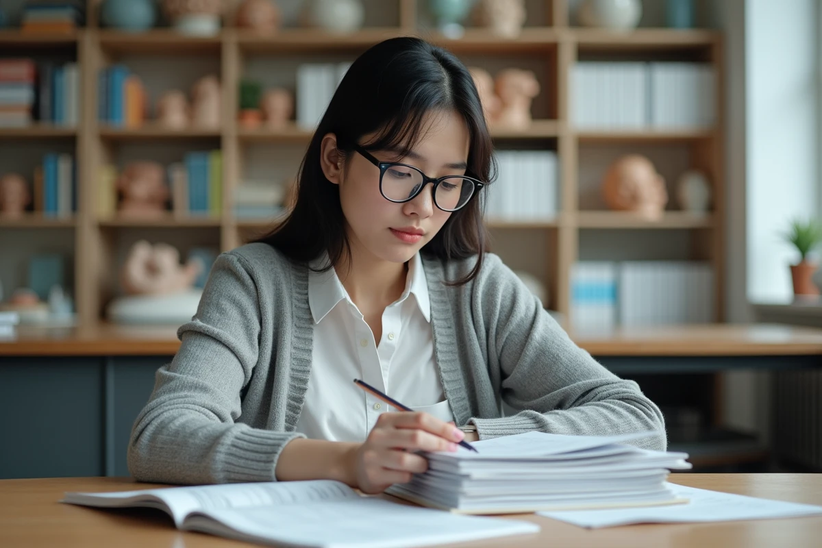 Jeune femme lisant des matériaux d'étude dans une salle moderne