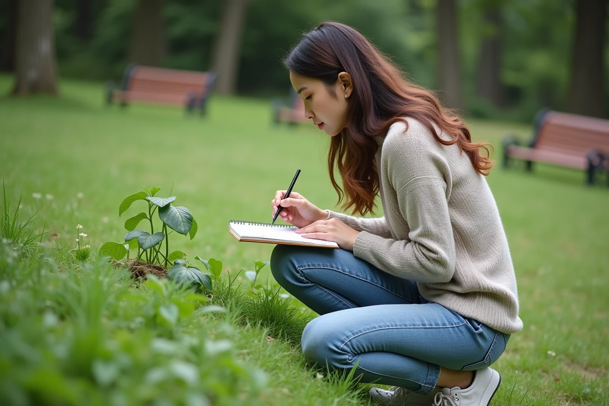 Jeune femme observe et esquisse une plante dans un parc