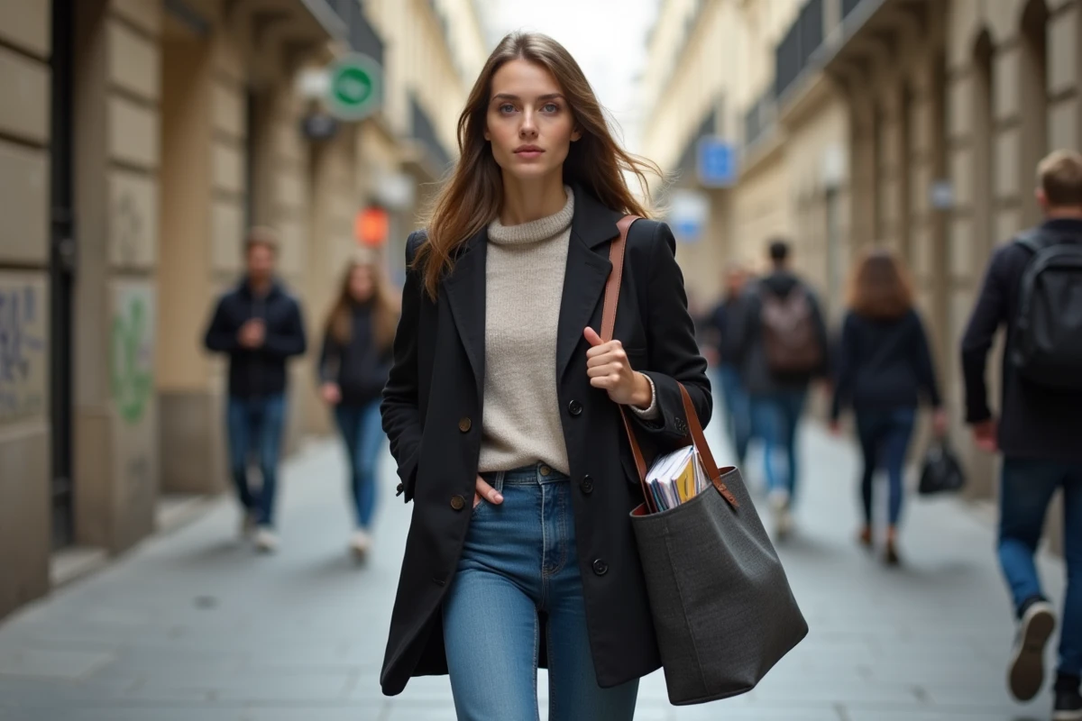 Jeune femme marchant dans une rue parisienne