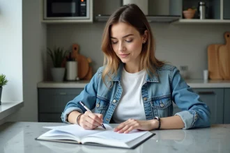 Jeune femme concentr&eacute;e &agrave; &eacute;tudier pour son permis de conduire