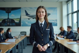 Jeune femme en uniforme de pilote dans une salle de formation