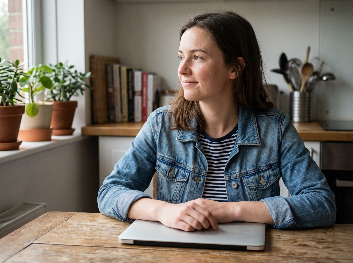 Jeune femme pensive dans un appartement cosy