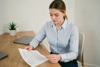 Jeune femme suisse en chemise bleue relisant son CV imprimé à son bureau à domicile
