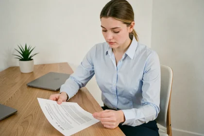 Jeune femme suisse en chemise bleue relisant son CV imprimé à son bureau à domicile