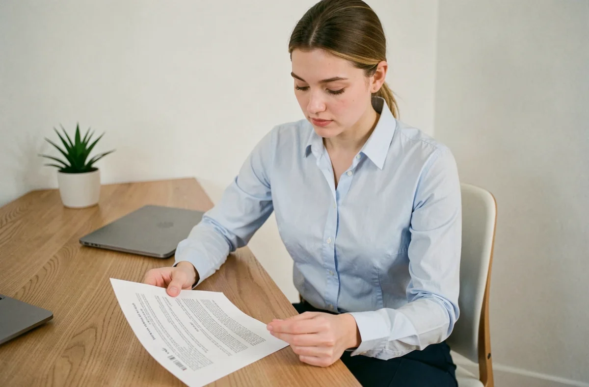 Jeune femme suisse en chemise bleue relisant son CV imprimé à son bureau à domicile