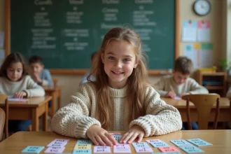 Jeune fille en classe jouant avec des cartes de verbes