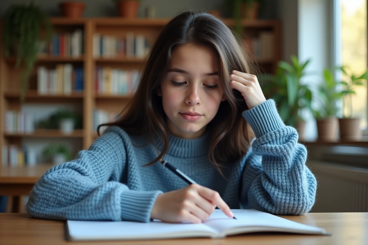 Jeune fille concentrée à étudier la conjugaison française à la maison