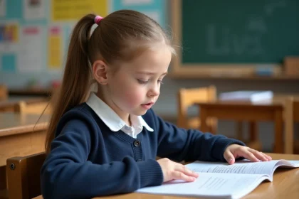 Jeune fille lisant &agrave; voix haute dans une classe accueillante