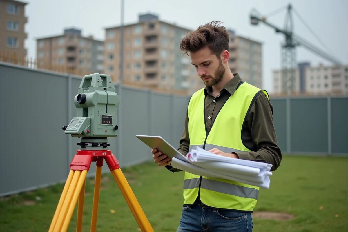 Jeune géomètre vérifiant des documents sur un site de construction