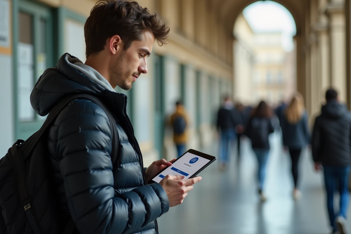 Jeune homme utilisant une tablette dans un couloir universitaire animé