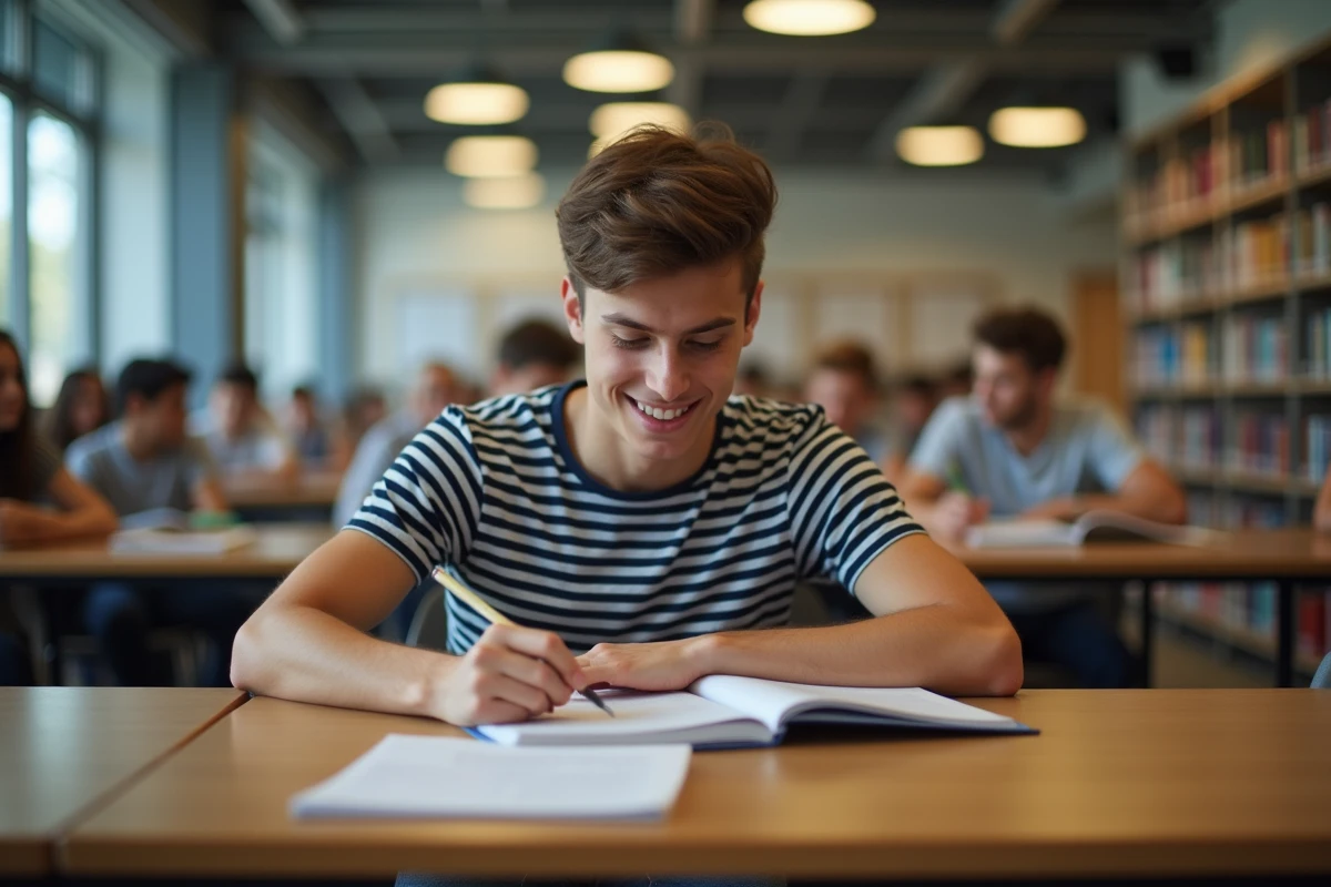 Jeune homme en bibliothèque pratiquant la conjugaison des verbes français