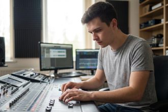 Jeune homme en studio audio avec console numérique