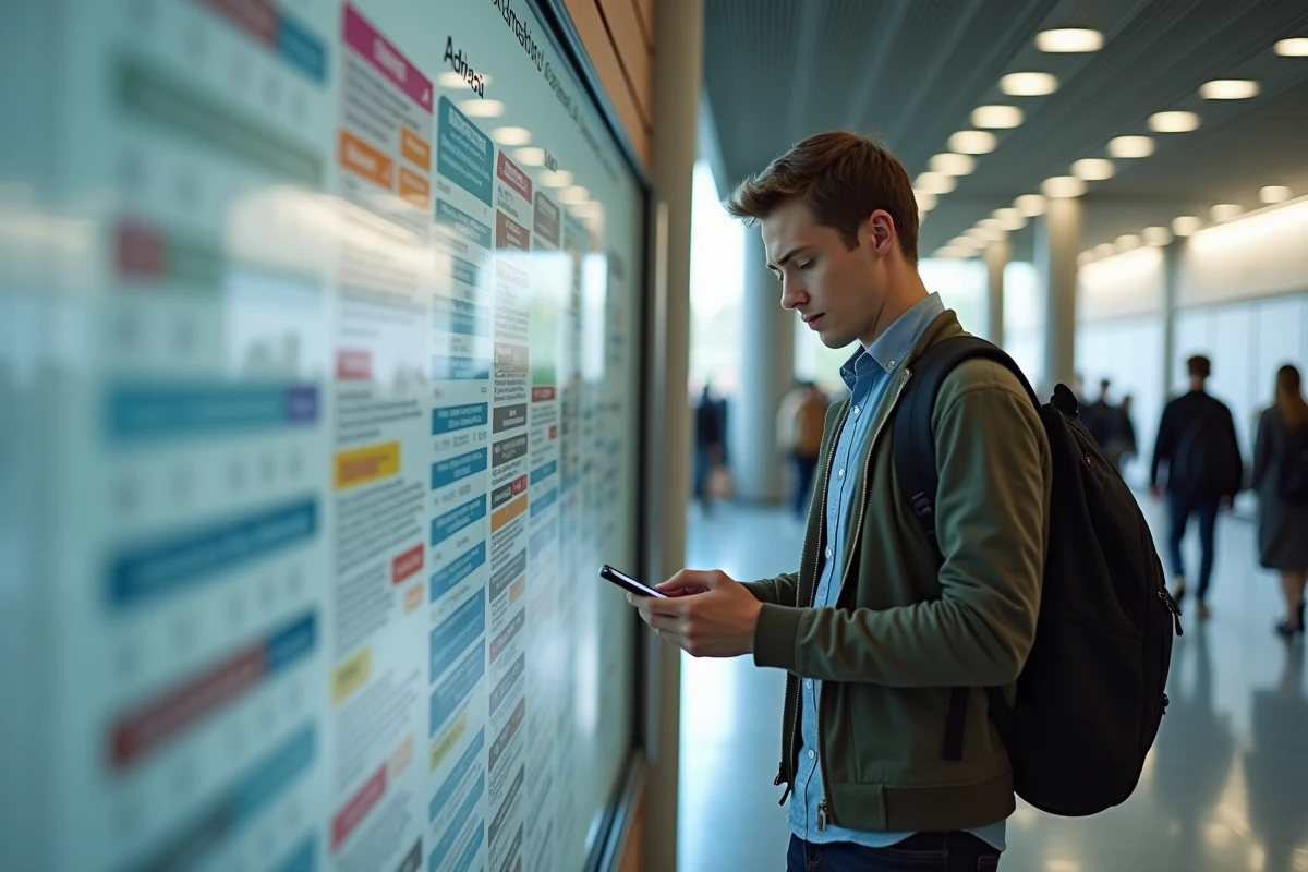 Jeune homme v&eacute;rifiant emploi du temps sur panneau d information