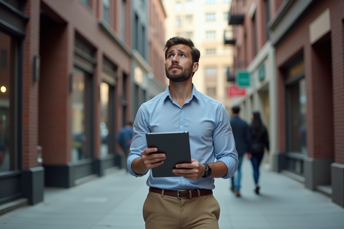 Jeune homme dans la ville avec une tablette