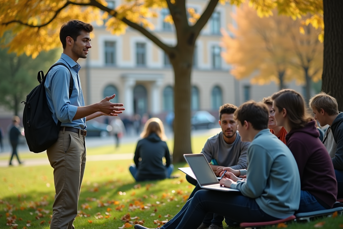 Jeune instructeur avec étudiants en extérieur