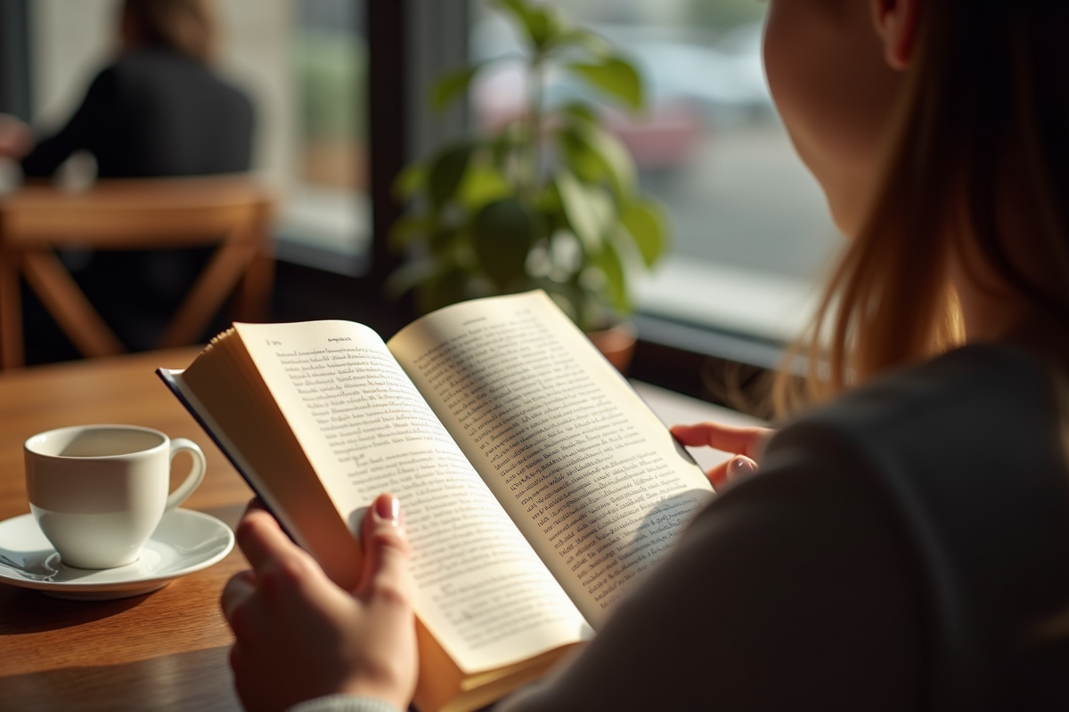 Jeune adulte lisant un livre bilingue dans un café lumineux