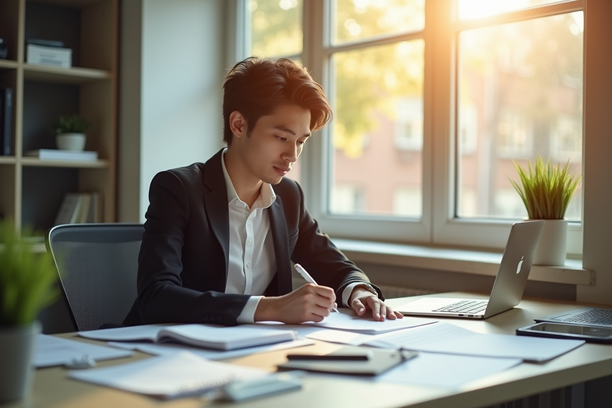 Jeune professionnel au bureau en lumière naturelle