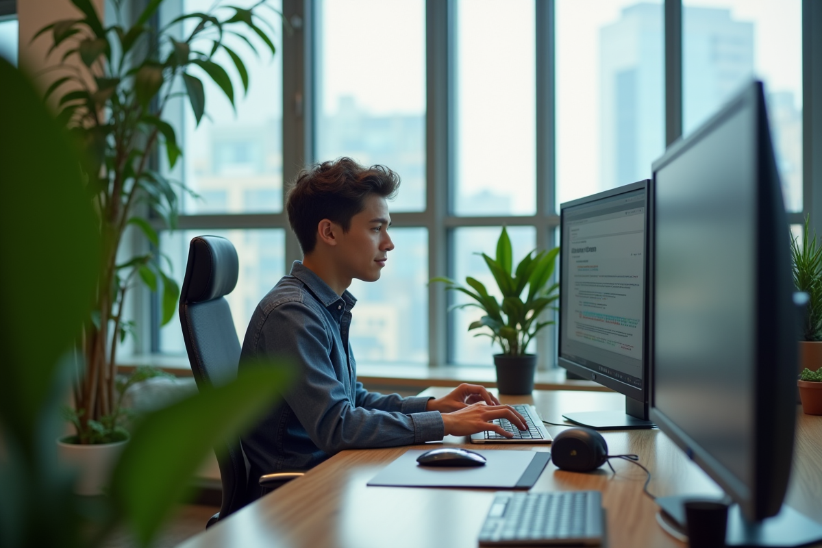 Jeune professionnel travaillant à un bureau moderne avec vue urbaine