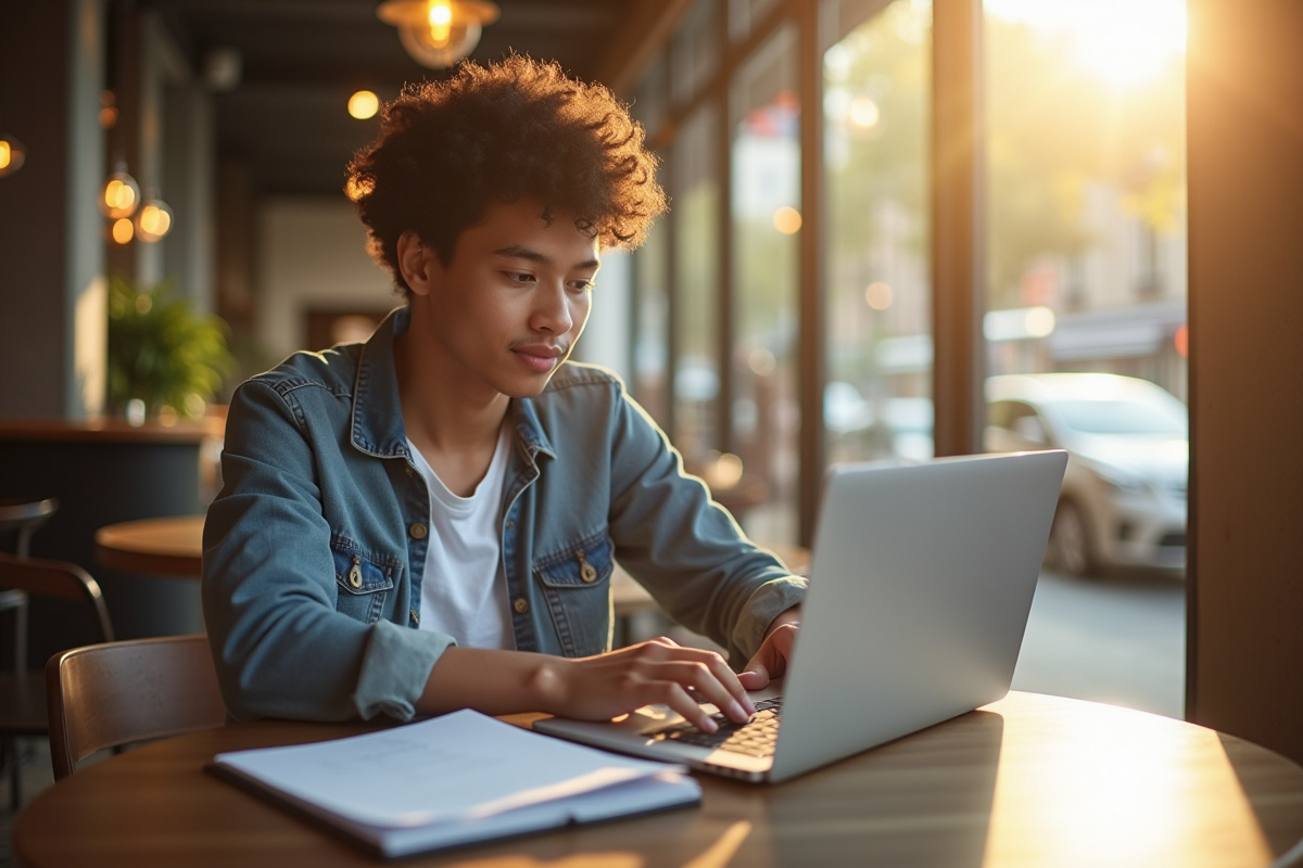Jeune professionnel travaillant sur un ordinateur portable dans un café lumineux
