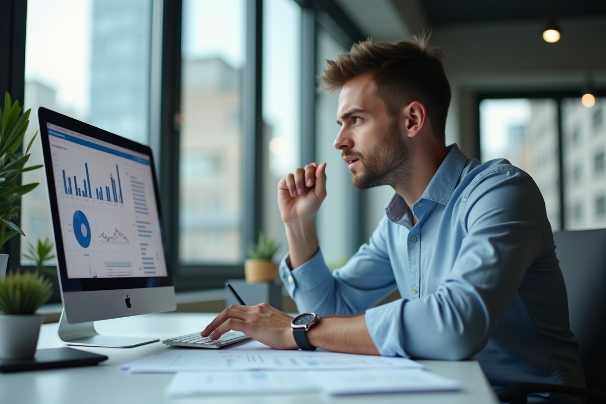 Jeune professionnel analysant des rapports financiers en bureau