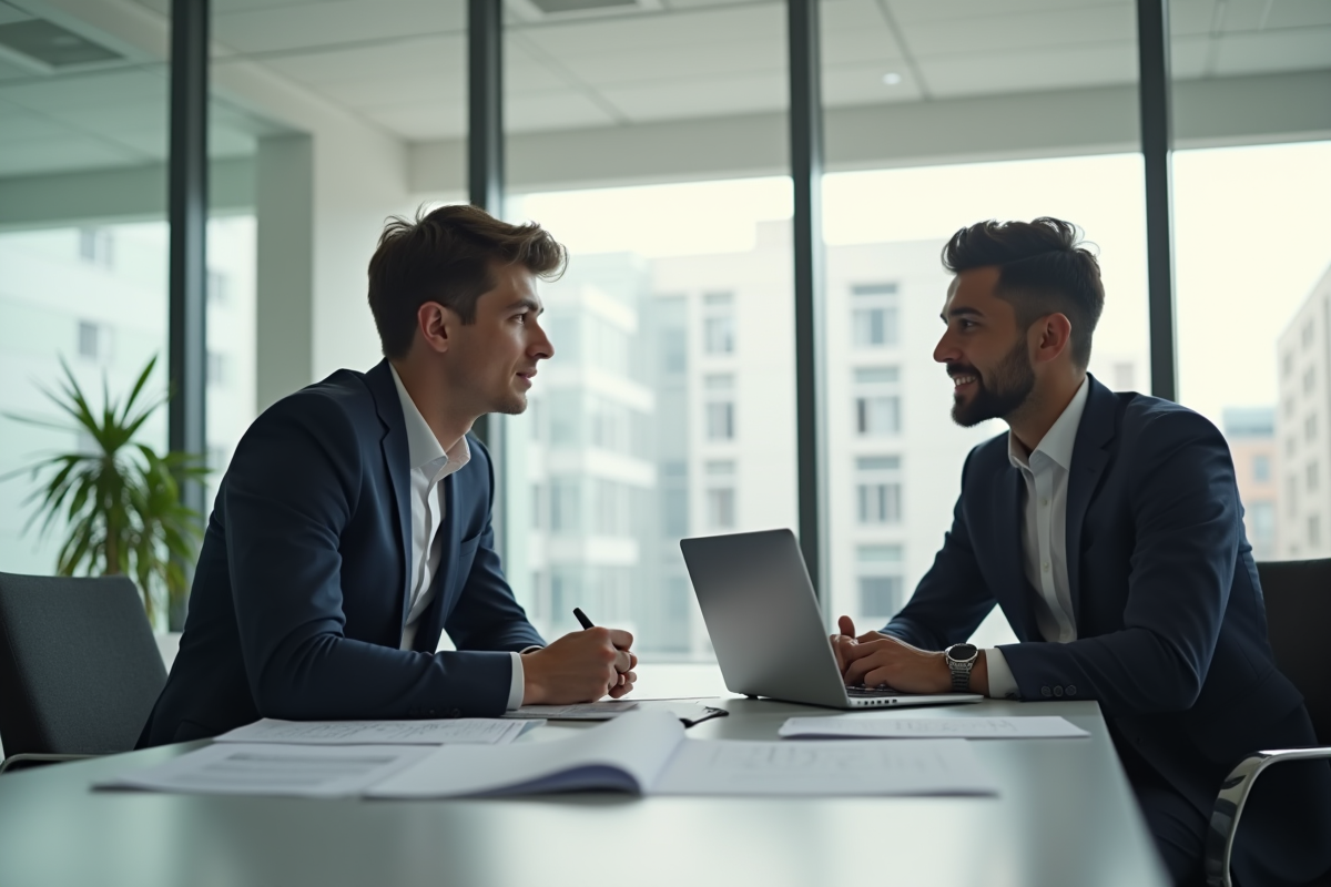 Jeune professionnel en costume discutant avec un mentor dans un bureau lumineux