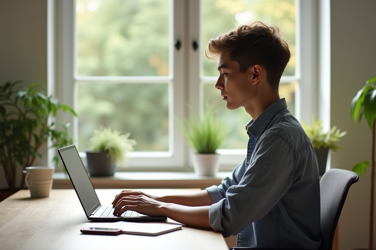 Jeune professionnel travaillant à distance dans un bureau moderne lumineux