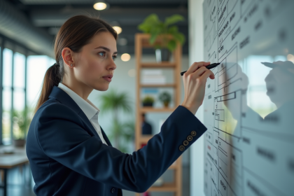 Jeune femme professionnelle esquissant un fluxchart dans un espace moderne