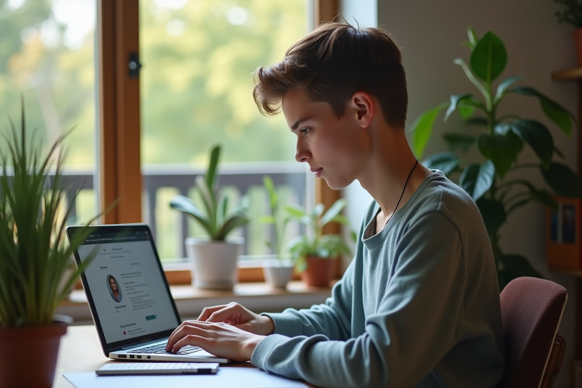 Jeune à la maison tapant sur un ordinateur portable avec un CV de bénévolat