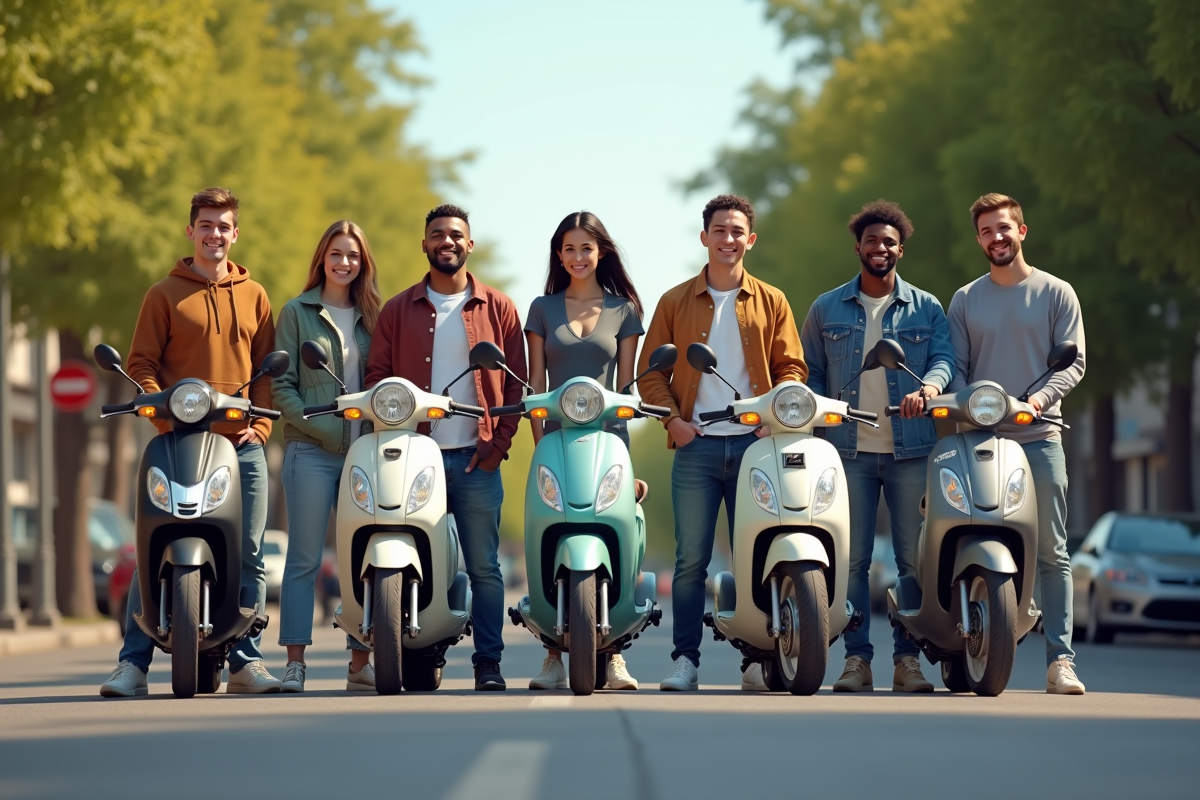 Groupe de jeunes adultes avec scooters en ville ensoleillée
