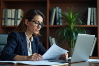 Juriste vérifiant des réponses générées par une IA juridique en croisant des documents légaux dans un bureau professionnel