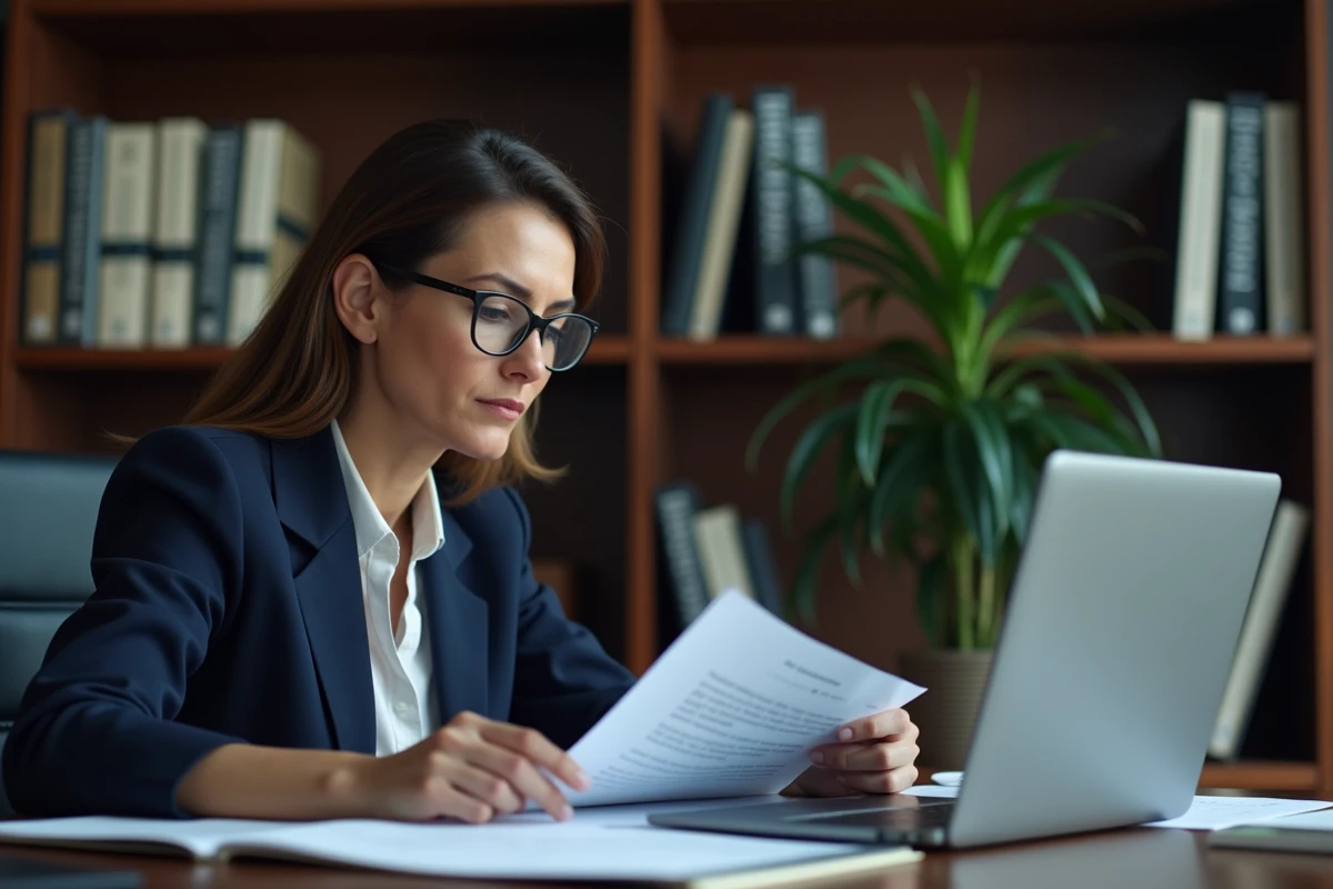 Juriste vérifiant des réponses générées par une IA juridique en croisant des documents légaux dans un bureau professionnel