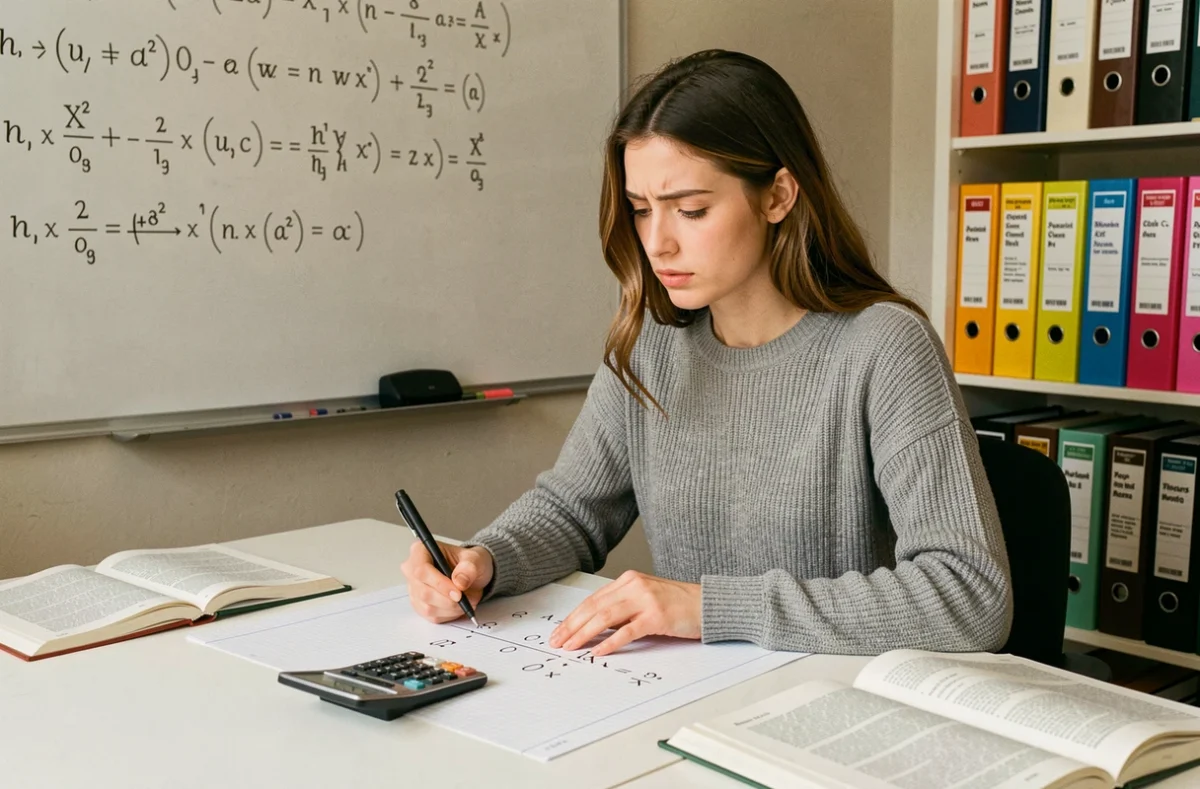 Étudiante adulte en remise à niveau scientifique travaillant sur des exercices de mathématiques dans une salle d'étude calme