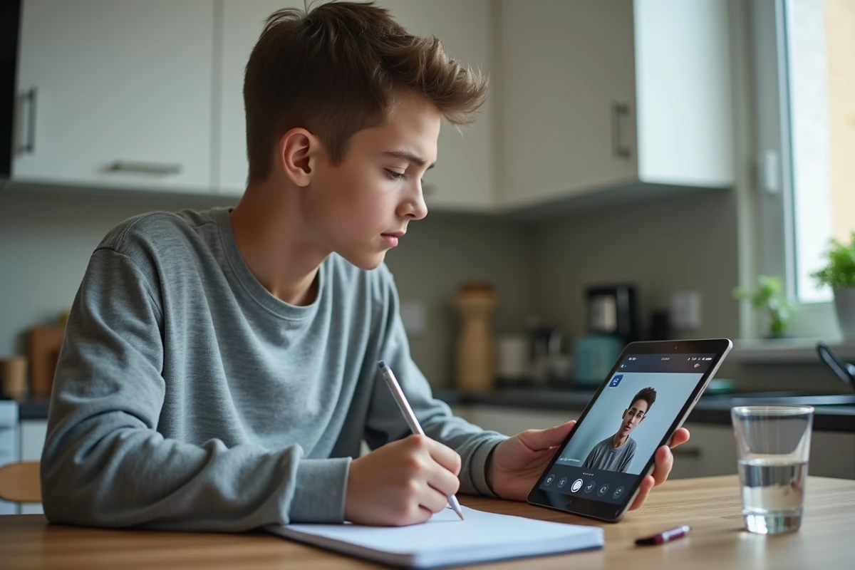 Lycéen prenant des notes lors d'un cours à distance sur tablette dans une cuisine familiale