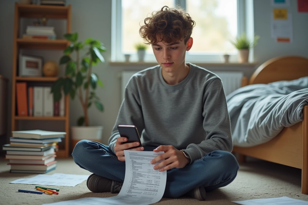 Lycéen révisant son bulletin scolaire et calculant sa moyenne coefficientée sur le sol de sa chambre