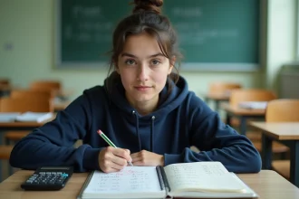 Lycéenne calculant sa moyenne avec coefficients dans un cahier ouvert posé sur un bureau scolaire