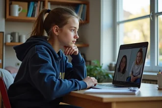 Lycéenne suivant un cours en ligne sur son ordinateur portable depuis sa chambre pendant le e-lcyo