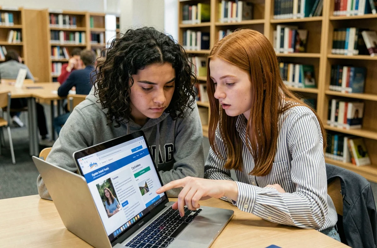 Deux lycéennes consultant ensemble le portail Cyclades pour les informations du bac 2026 en bibliothèque