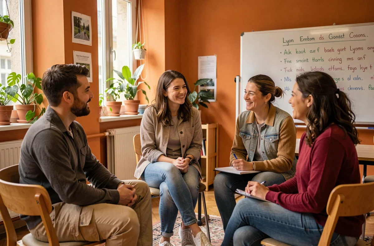 Petit groupe d'adultes en cours d'anglais conversationnel chez Lyon English avec un professeur natif