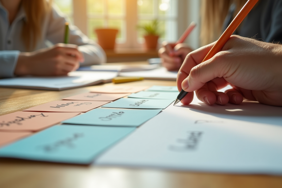 Mains tenant des cartes colorées sur une table en bois
