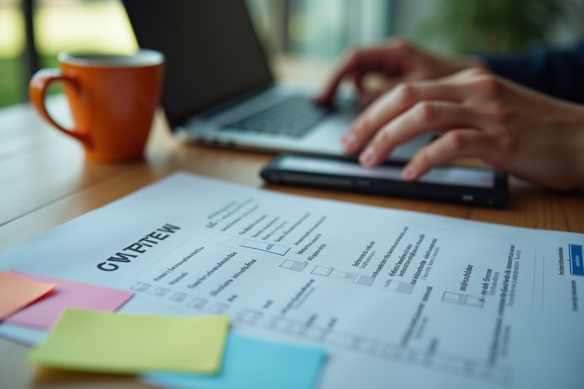 Mains tapant sur un clavier avec checklist et notes colorées